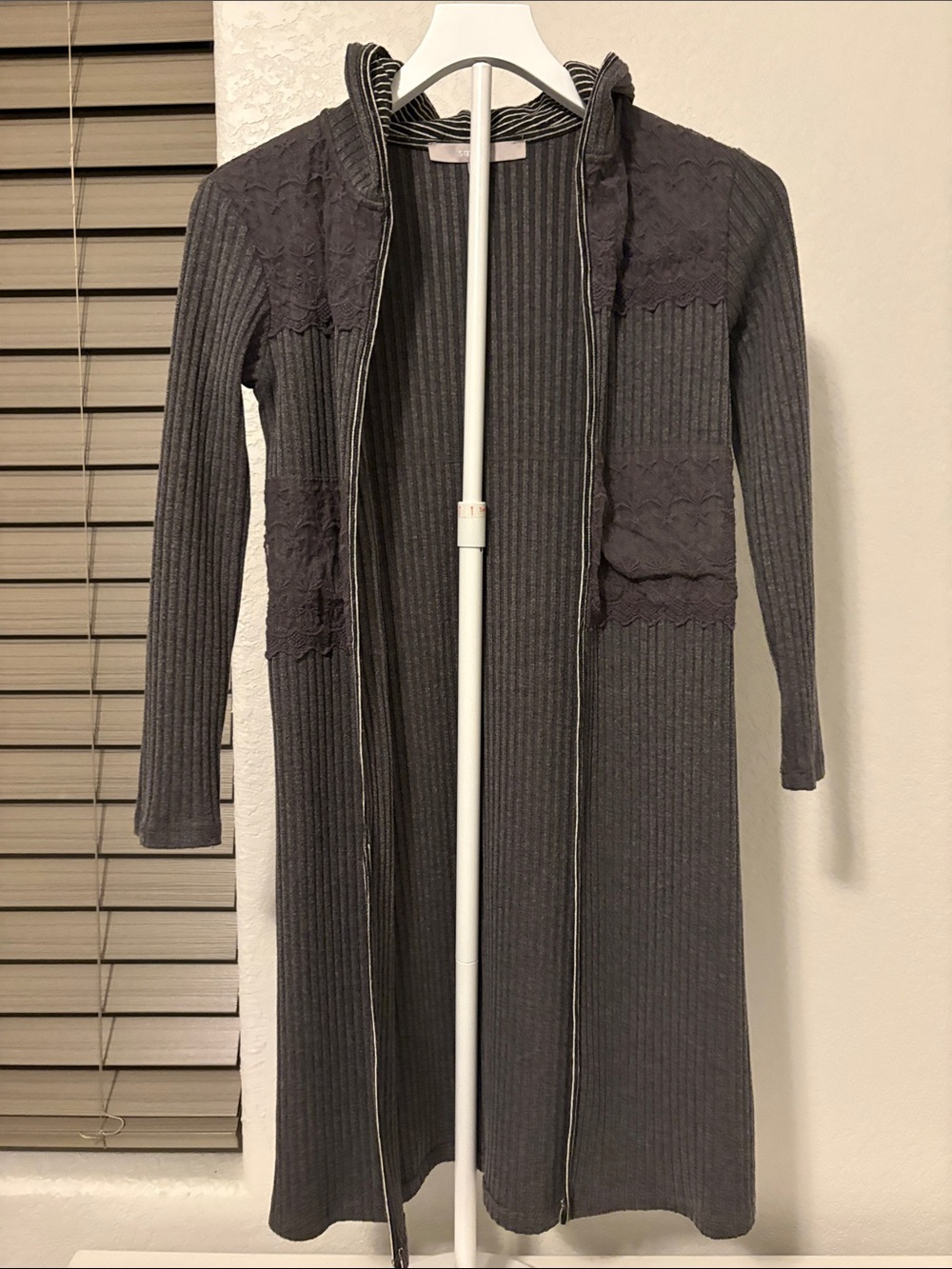 Long Open-Front Ribbed Hooded Cardigan in Dark Gray